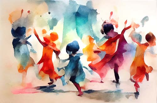Watercolor artwork of children dancing