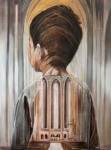 A church sanctuary beautifully embedded on a boy's back