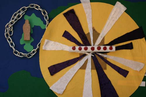 Felt illustration of John's vision: the scroll with seven seals, and no one worthy to open it.
