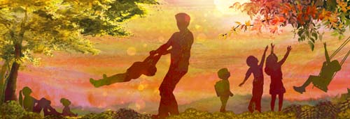 illustration of people worshiping outside, looking up toward the sky.