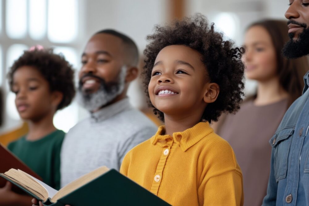 Children and adults standing together, reading hymnbooks during church service, intergenerational faith captured in a bright and welcoming church environment