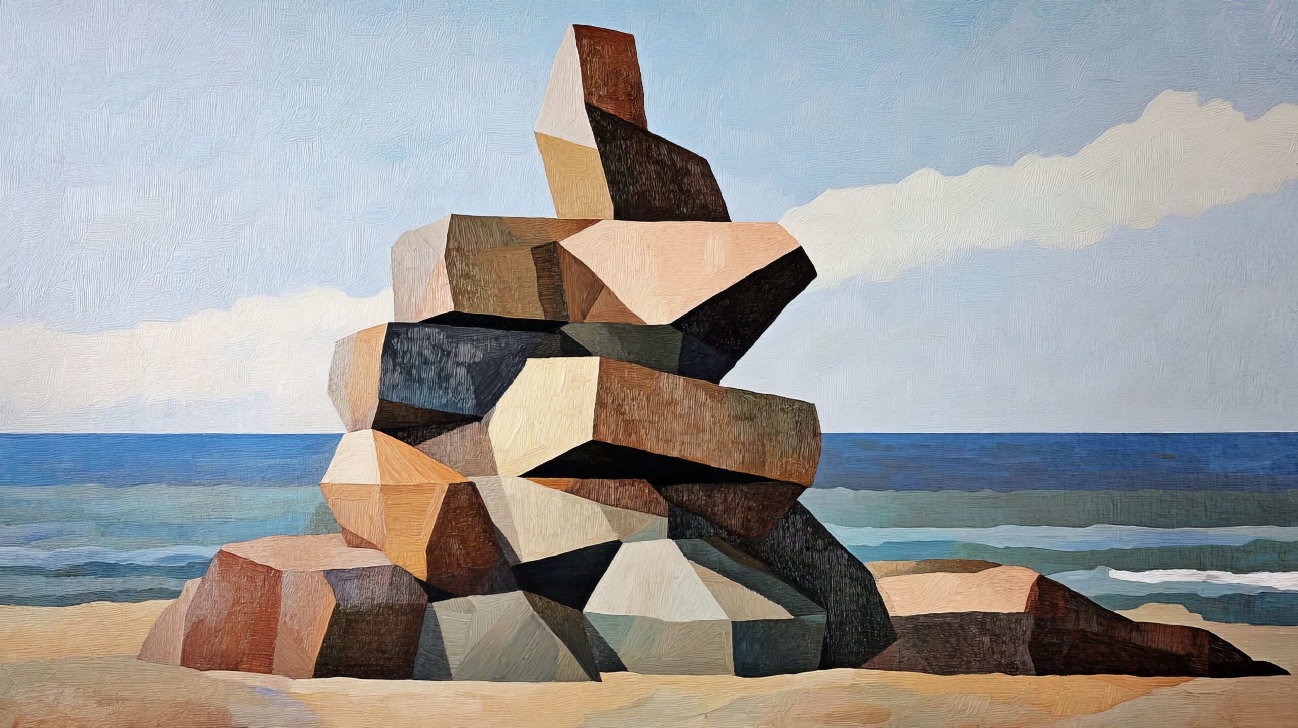 Abstract rock sculpture on a beach with water and sky in the background.