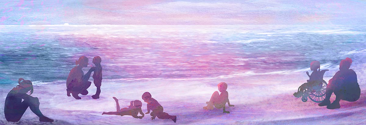 illustration of people sitting by the seaside. blue and purple overtones.