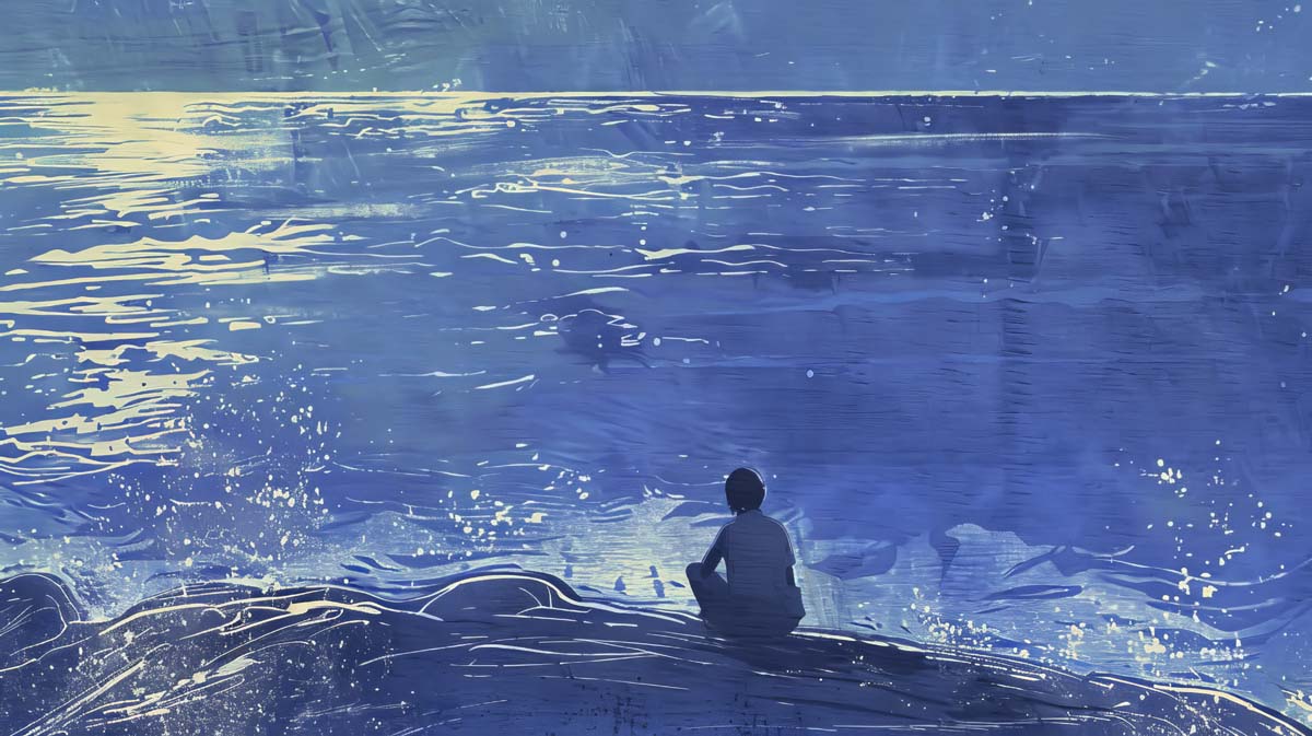 person sitting on the shore, looking out at the ocean