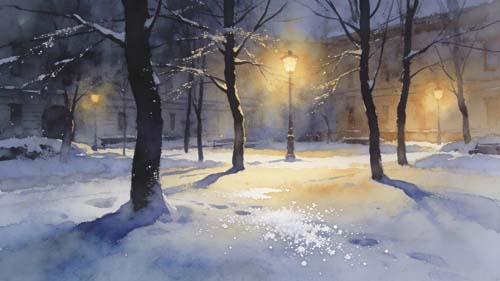 A painting of a snowy park with a lamp post in the foreground. The lamp post is lit up and the snow is white